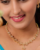 Woman wearing a gold necklace with a blurred background