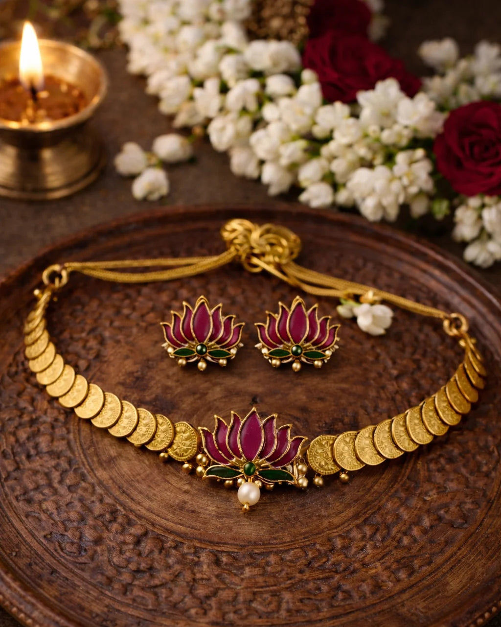 Gold necklace and earrings with red and green accents on a wooden plate, surrounded by flowers and a lit candle.