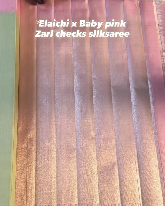 Elaichi Mist with Baby Pink Zari Checks Tissue Silk Saree