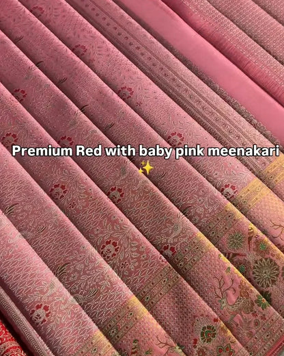 Textured fabric with red and pink pattern, labeled 'Premium Red with baby pink meenakari'.