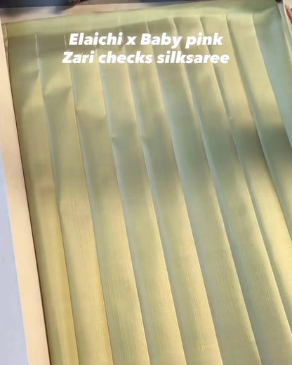 Elaichi Mist with Baby Pink Zari Checks Tissue Silk Saree