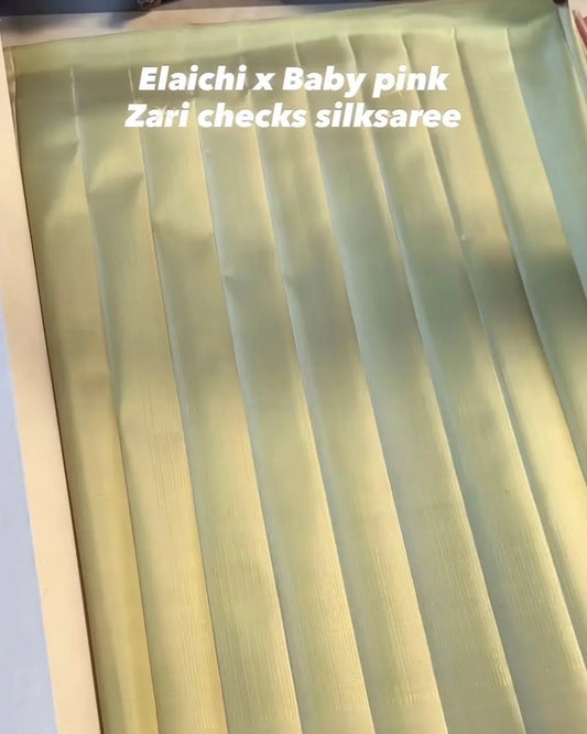 Elaichi Mist with Baby Pink Zari Checks Tissue Silk Saree