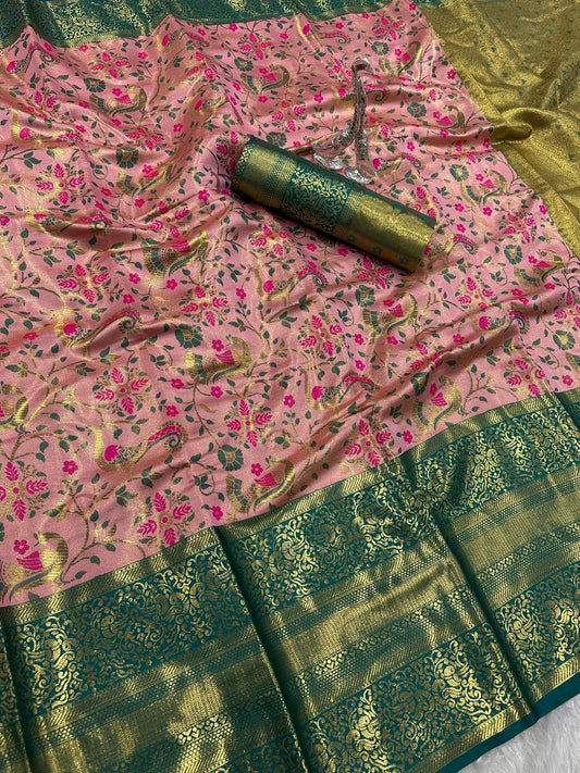 Pure Handloom Kanjivaram Silk Saree with Contrast Border & Rich Zari Pallu