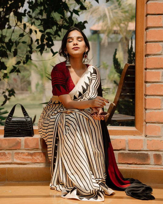 Artisan Saree Crafted in Semi Gaji Silk with Ajrakh Bandhej Patterns