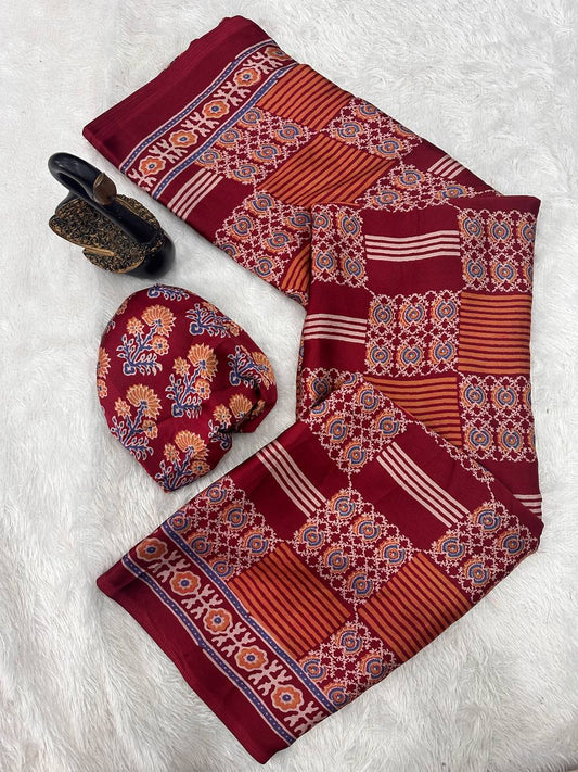 Authentic Saree Crafted in Semi Gaji Silk with Ajrakh Bandhej Art