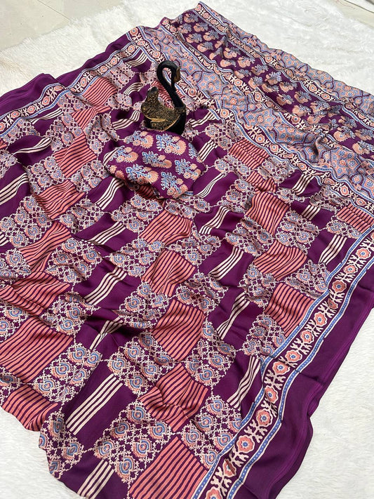 Authentic Saree Crafted in Semi Gaji Silk with Ajrakh Bandhej Art