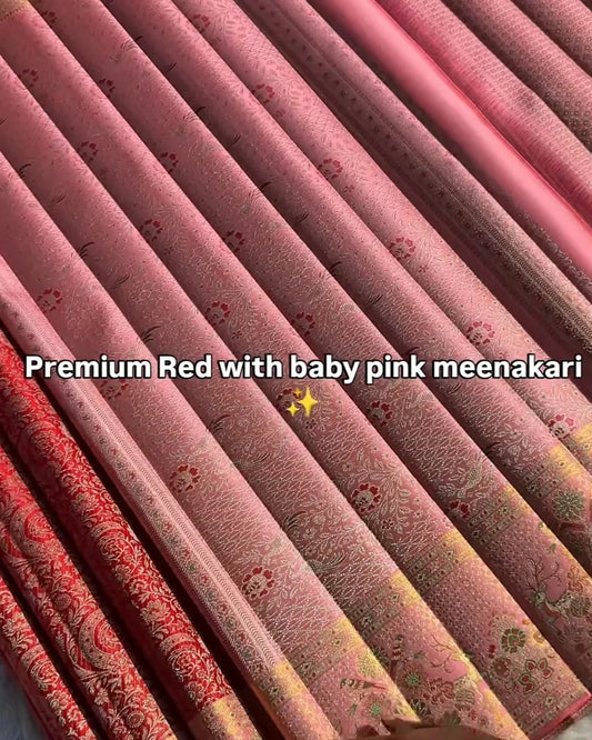 Ruby Blossom Premium Red Meenakari Silk Saree with Baby Pink Border