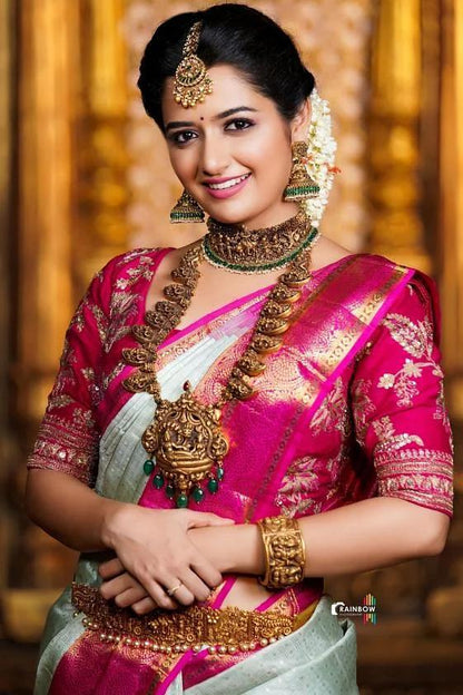 Royal Pink and Mint Green Silk Saree with Rich Zari Border