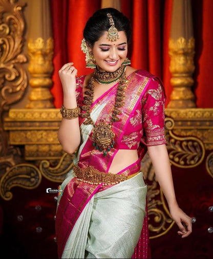 Royal Pink and Mint Green Silk Saree with Rich Zari Border