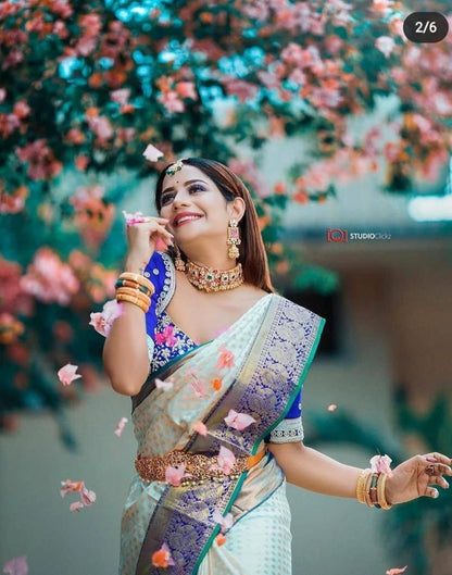 Ivory Silk Saree with Royal Blue Zari Border