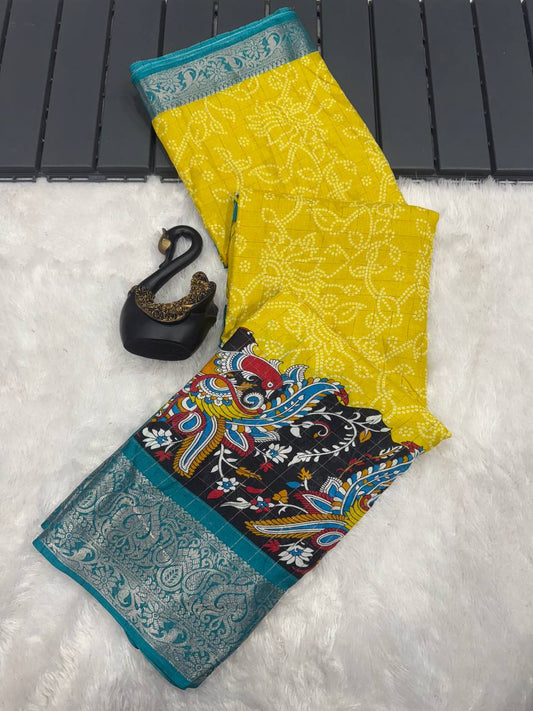 Lightweight Mangalagiri Dola Saree with Print Checks & Kalamkari Pallu