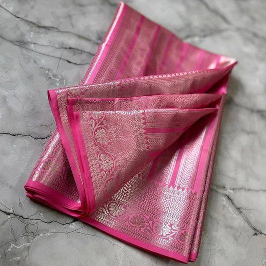 Celebrity Inspired Banarasi Silver Tissue Zari Silk Saree