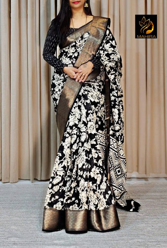 Dola Silk Kalamkari Saree with Jacquard Border