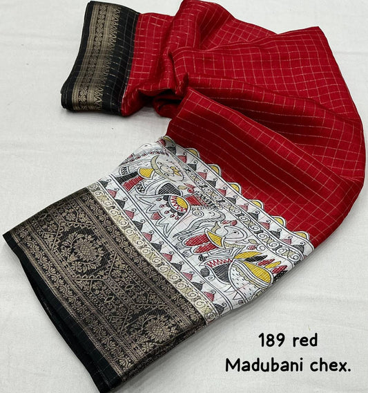 Lightweight Mangalagiri Dola Saree with Print Checks & Kalamkari Pallu